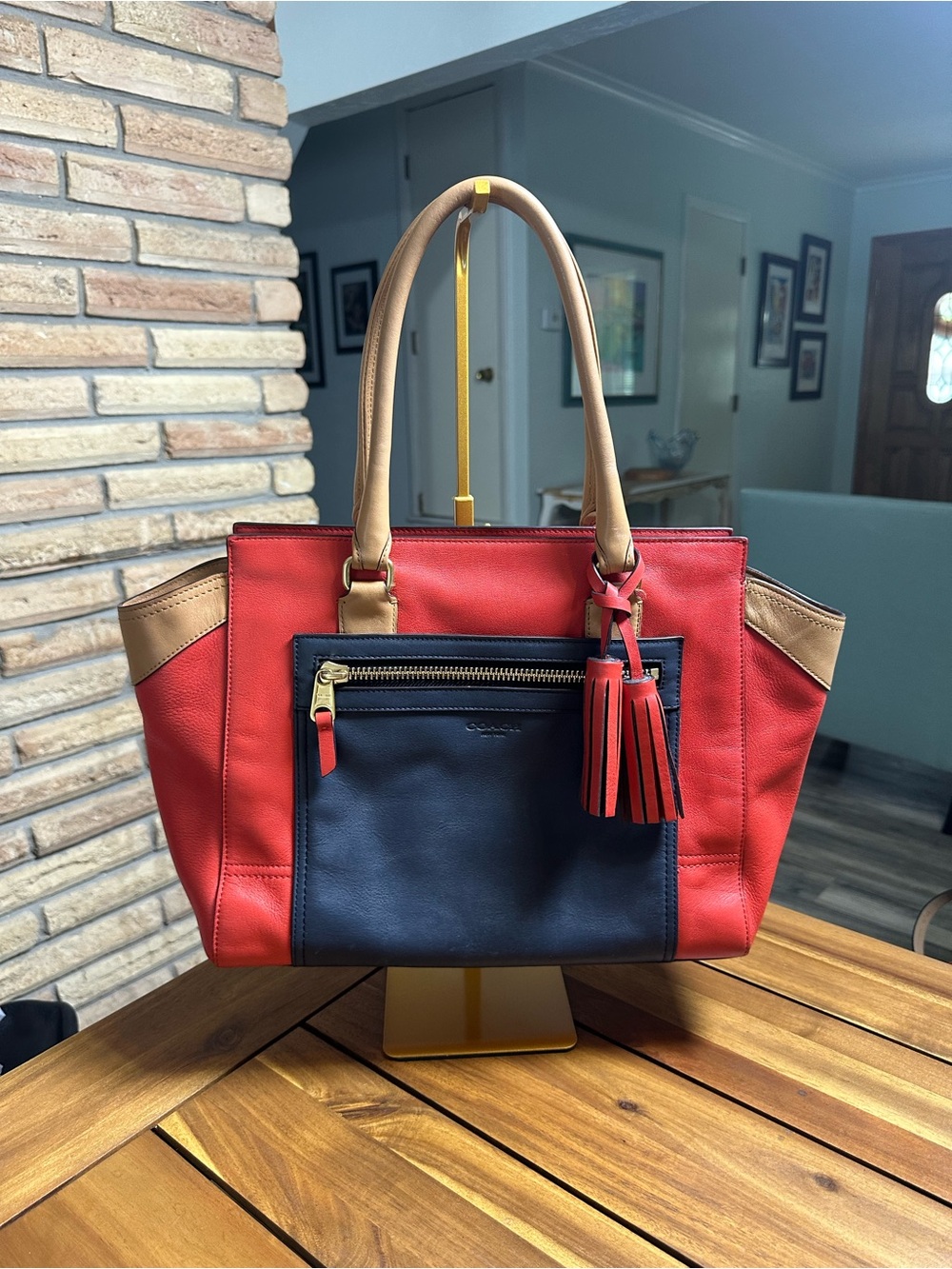 Coach Candace Red and Navy Colorblock Carryall with Tan Handles